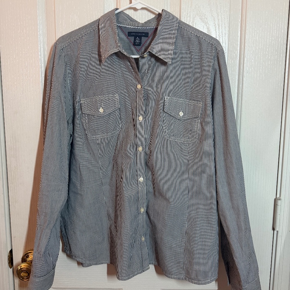 Tommy Hilfiger Women's Button Down Blouse Stripe Black/White Size XL